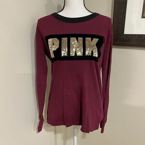 **VS PINK* Burgundy Gold Sequin Logo Long Sleeve Size Small